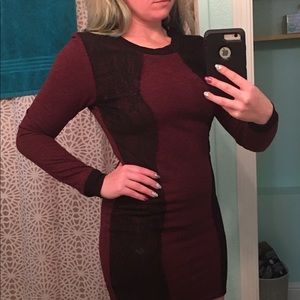Maroon and black lace long sleeve dress